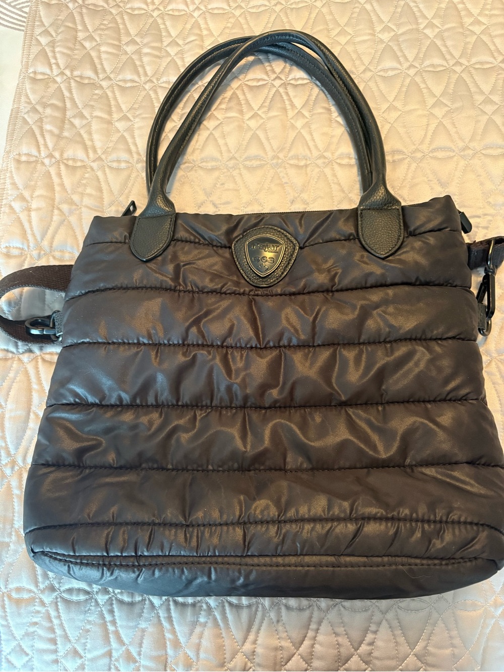 Pajar Quilted Nylon Tote in Brown with Black Trim